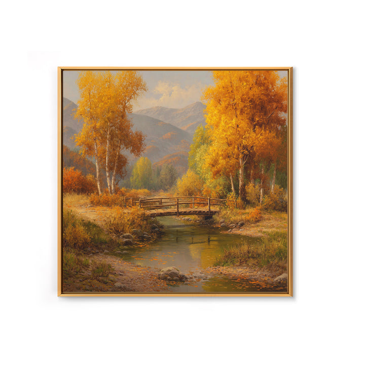 Autumn Forest Bridge Landscape Wall Art, Rustic Country Stream Canvas Print, Cozy Fall Home Decor, Living Room Wall Art
