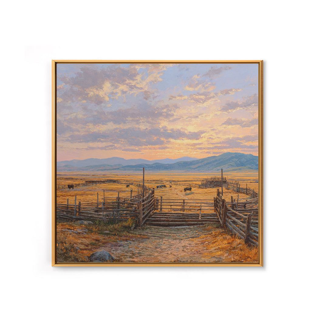 Sunset Cattle Ranch Landscape Painting Wall Art, Rustic Western Pasture Print, Country Farmhouse Living Room Decor