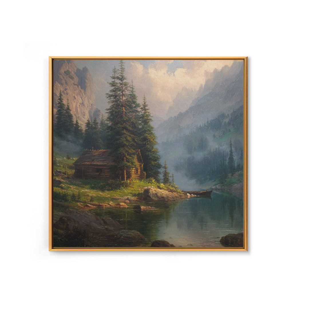 Mountain Cabin Lake Sunset Landscape Wall Art Rustic Nature Painting Home Decor Living Room Decor Canvas Print