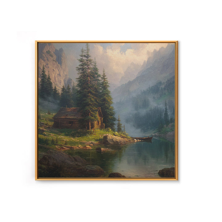 Mountain Cabin Lake Sunset Landscape Wall Art Rustic Nature Painting Home Decor Living Room Decor Canvas Print