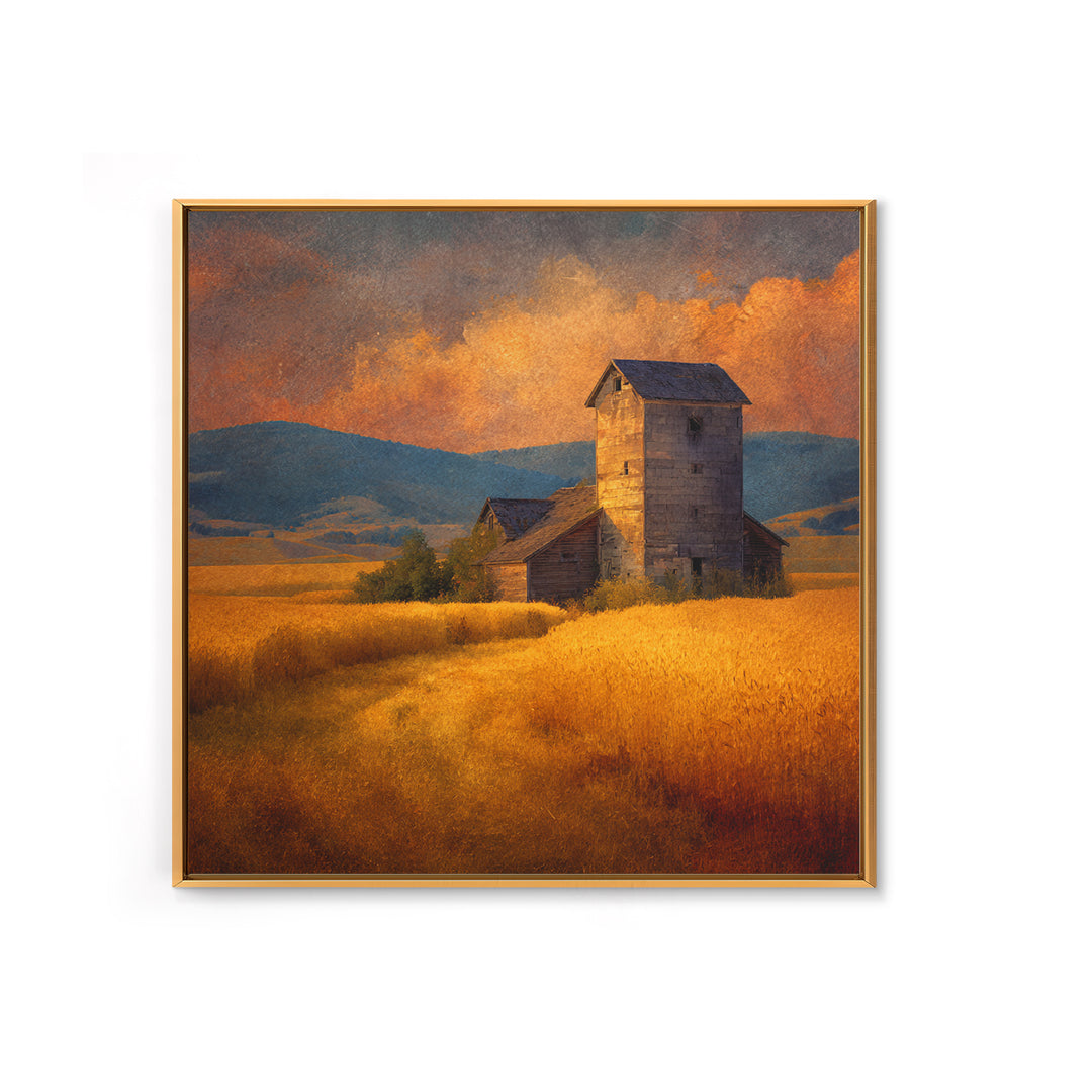 Rustic Barn In Golden Field Landscape Wall Art, Country Sunset Canvas Print, Farmhouse Home Decor Artwork
