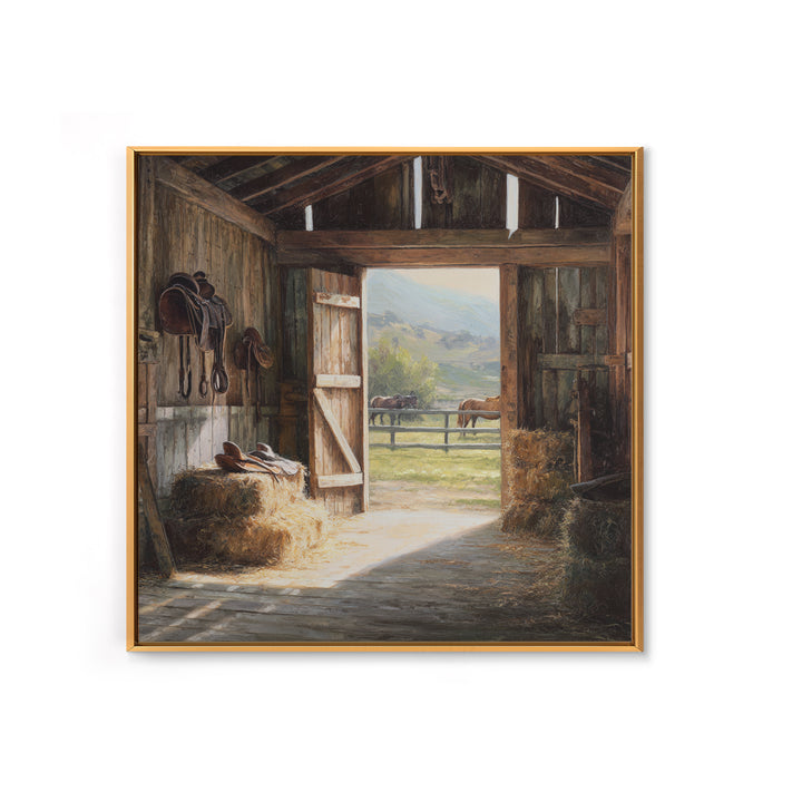 Rustic Horse Barn Interior Wall Art Country Farmhouse Decor Warm Sunlit Stable Landscape Print For Entryway Or Living Room