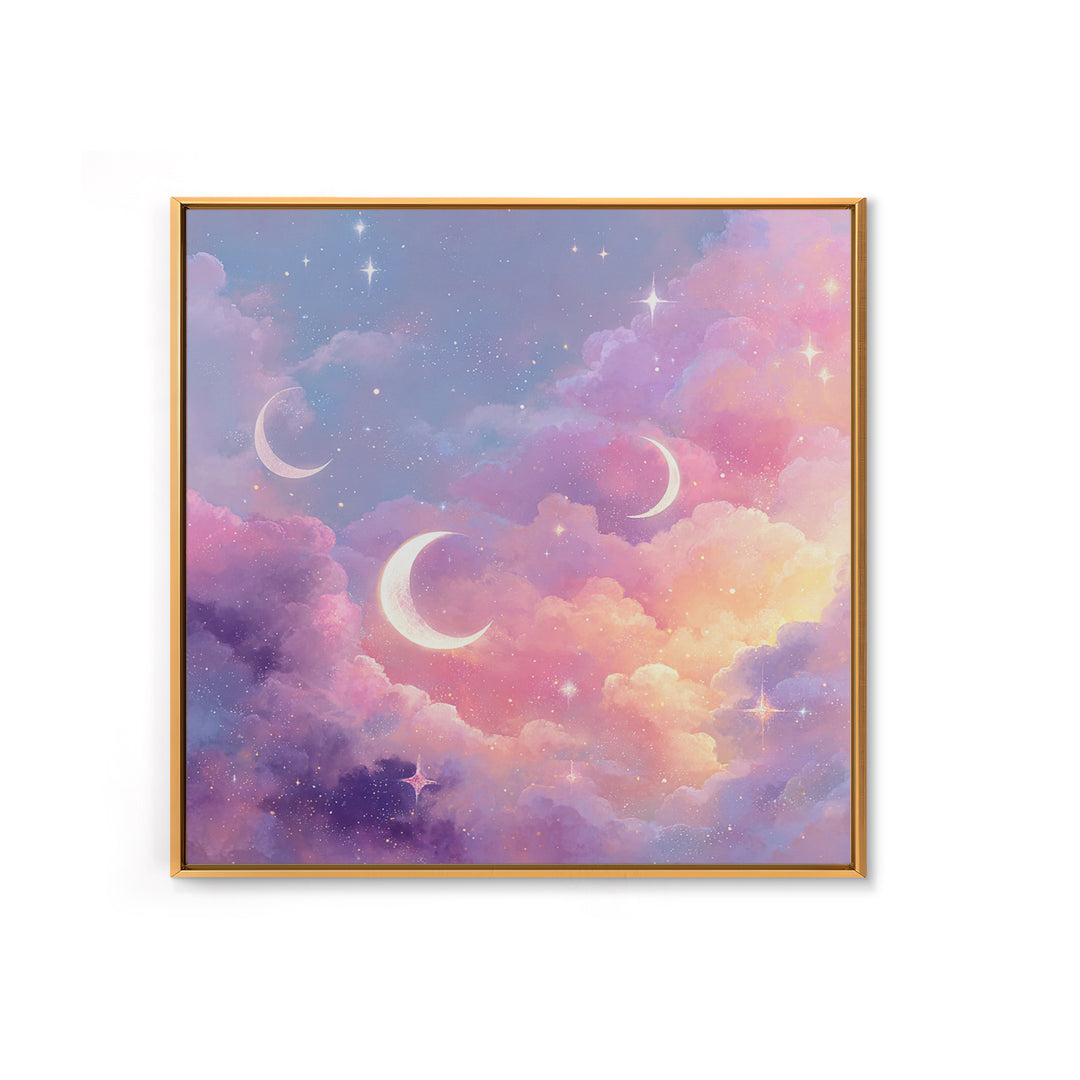 Pastel Crescent Moons In Dreamy Clouds Canvas Print, Celestial Wall Art, Whimsical Nursery Decor, Girls Room Decor, Space Art