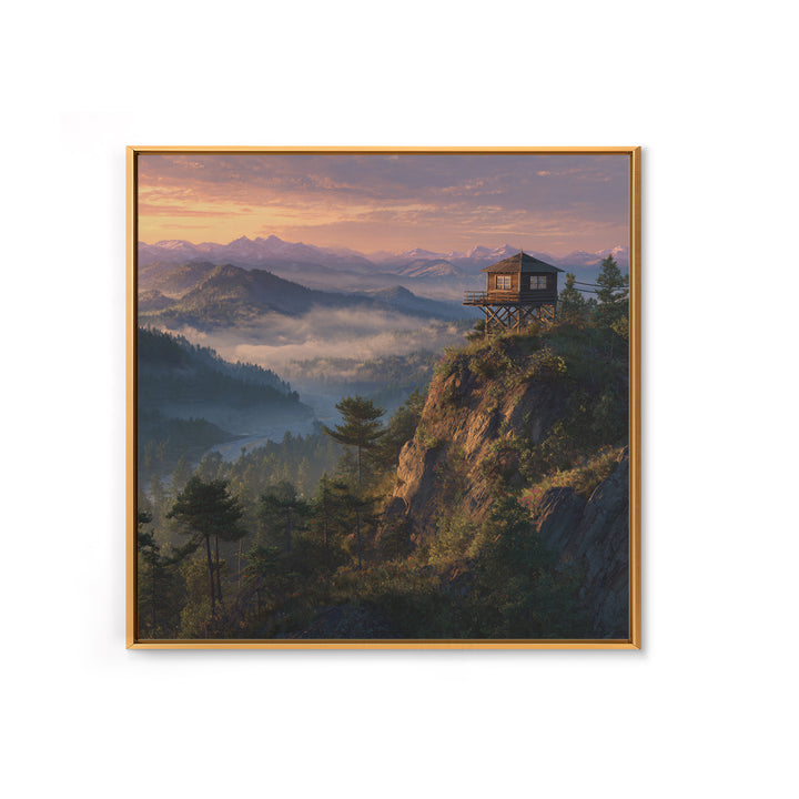Mountain Fire Lookout Tower Sunrise Landscape Wall Art Misty Forest Painting Modern Home Decor Living Room Canvas Print
