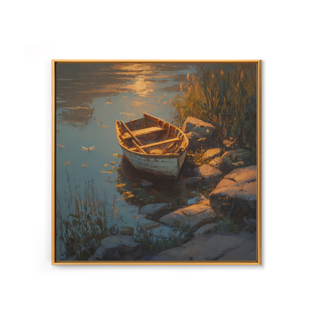 Rowboat On Golden Lake Wall Art, Tranquil Lakeside Landscape Canvas Print, Rustic Cabin Decor, Peaceful Nature Bedroom Wall Art