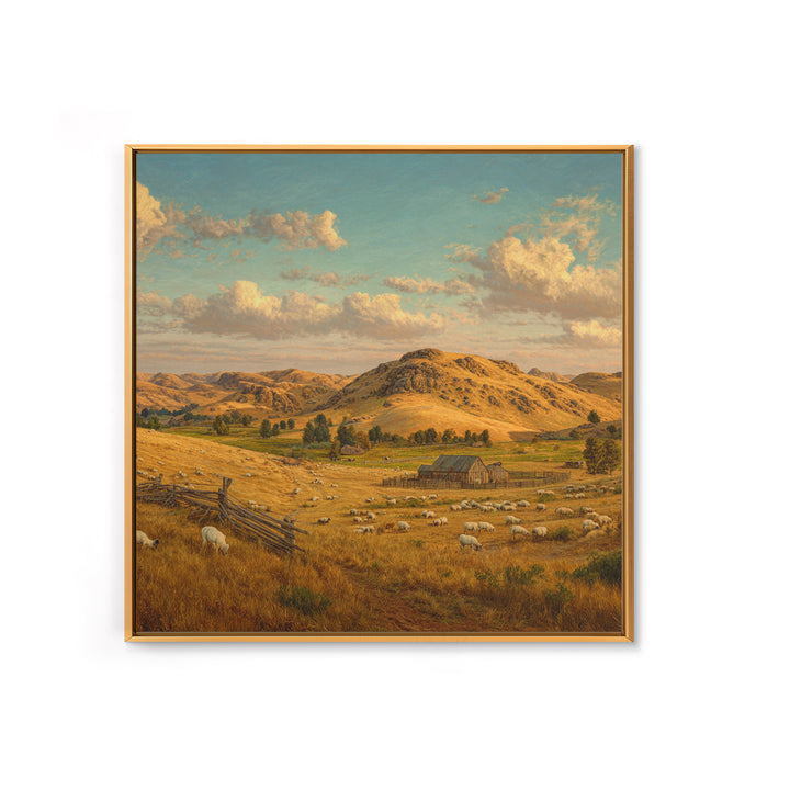 Golden Farm Landscape Wall Art, Rustic Country Pasture With Sheep, Large Wall Art Canvas Print For Farmhouse Home Decor