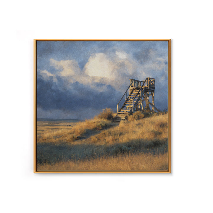 Windblown Dune Stairs Coastal Landscape Wall Art, Moody Beach House Decor Canvas Print