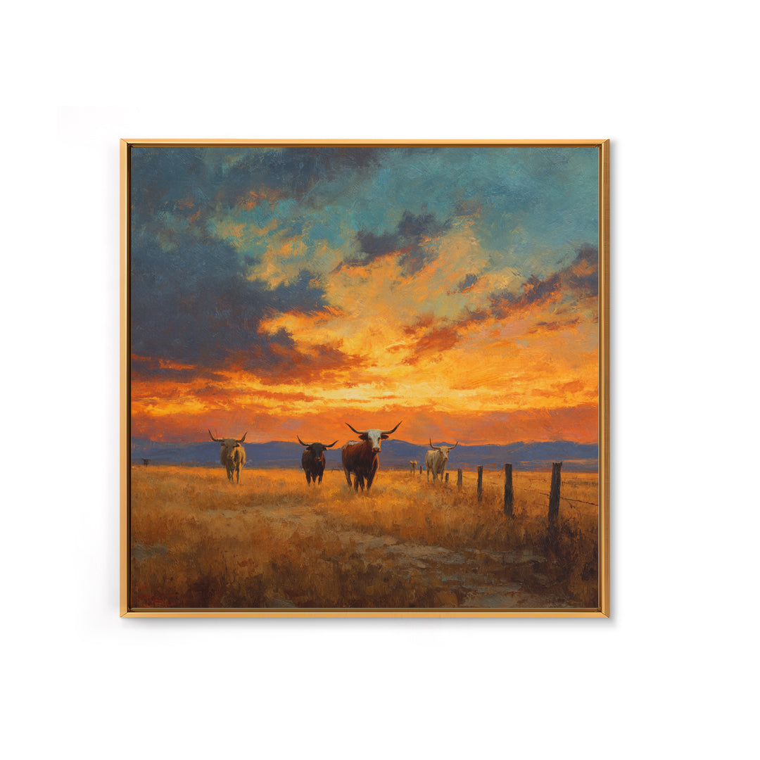 Longhorn Cattle At Sunset Western Landscape Wall Art, Rustic Ranch Canvas Print, Modern Cowboy Home Decor