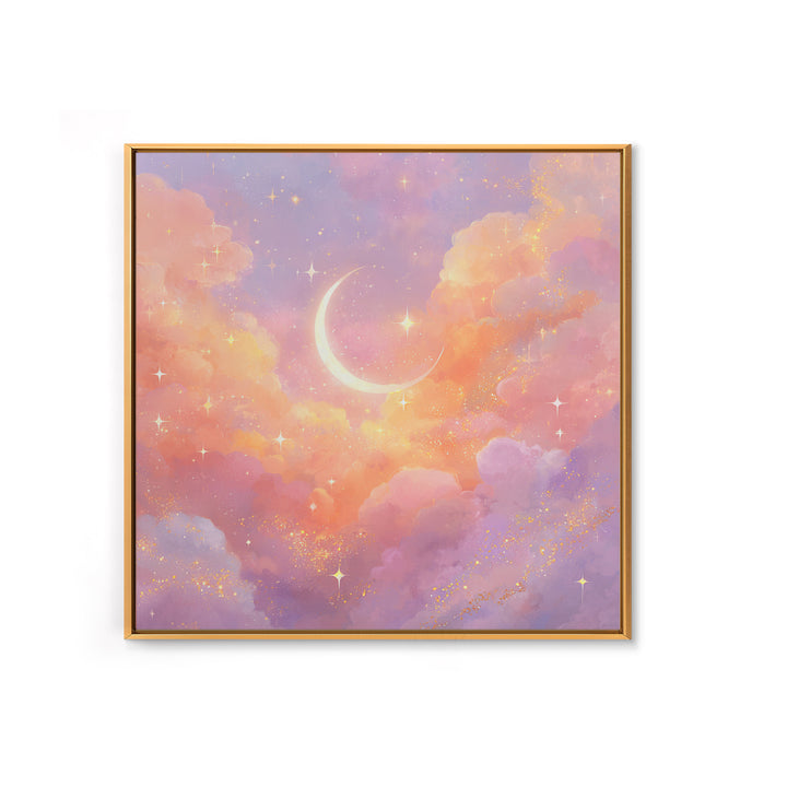 Glowing Crescent Moon Clouds Wall Art, Pastel Celestial Nursery Decor, Pink Bedroom Art, Dreamy Space Print, Girls Room Decor