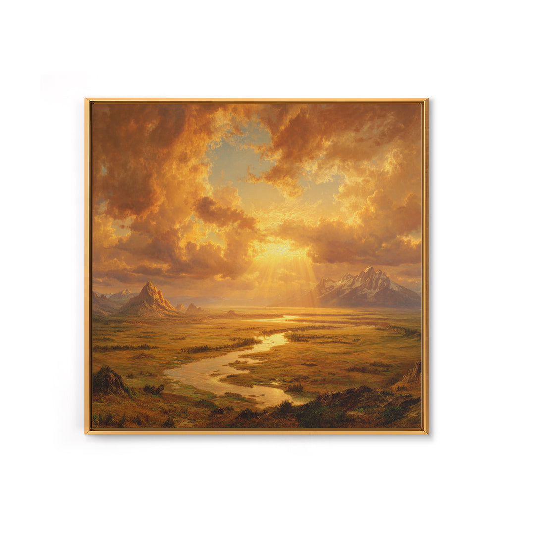 Golden Sunset River Valley Landscape Wall Art, Warm Mountain Print, Rustic Country Decor For Living Room Wall Art