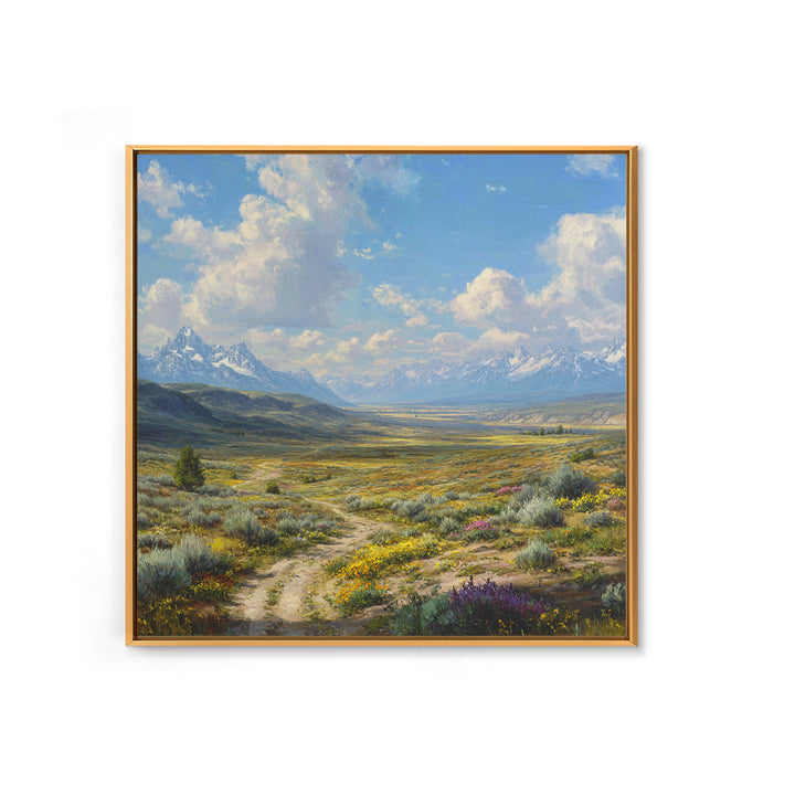 Wide Mountain Valley Wildflower Landscape Wall Art, Country Scenic Canvas Print For Rustic Farmhouse Decor