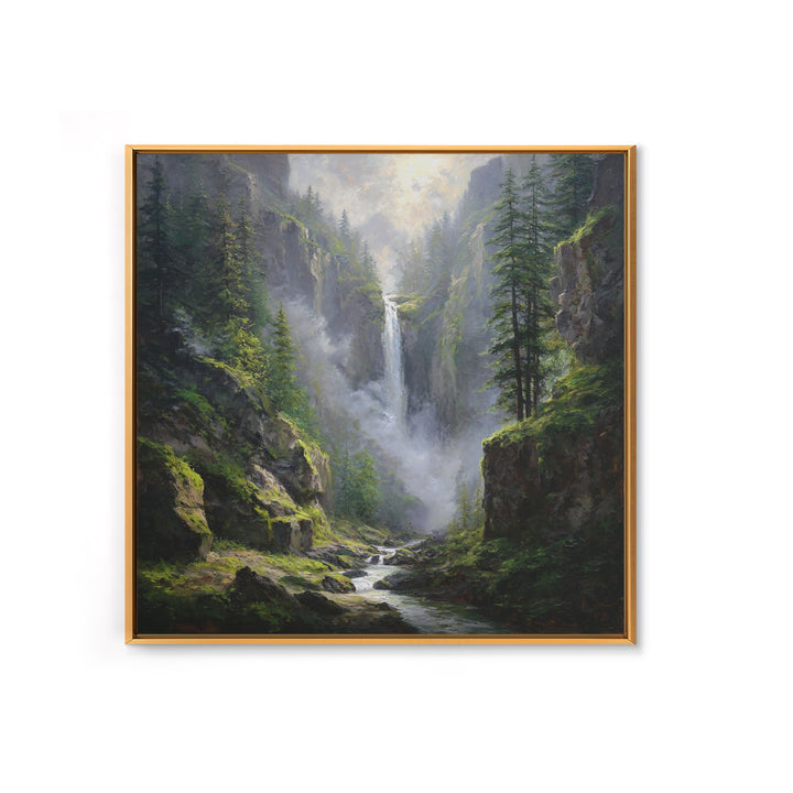 Majestic Mountain Waterfall Forest Landscape Wall Art, Serene Nature Canvas Print For Rustic Cabin Decor
