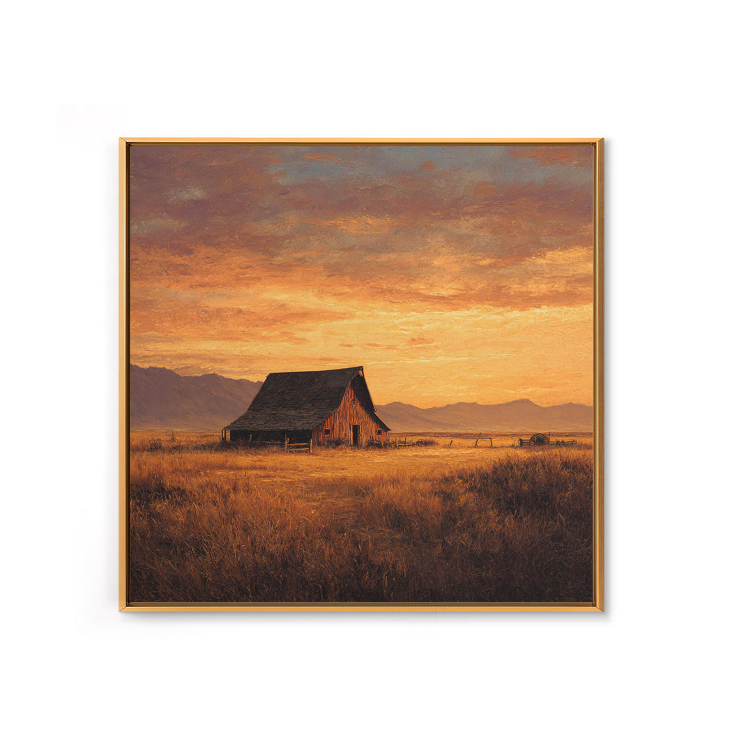 Rustic Barn At Sunset Landscape Wall Art, Country Farmhouse Painting, Warm Autumn Field Scene Large Framed Canvas Print