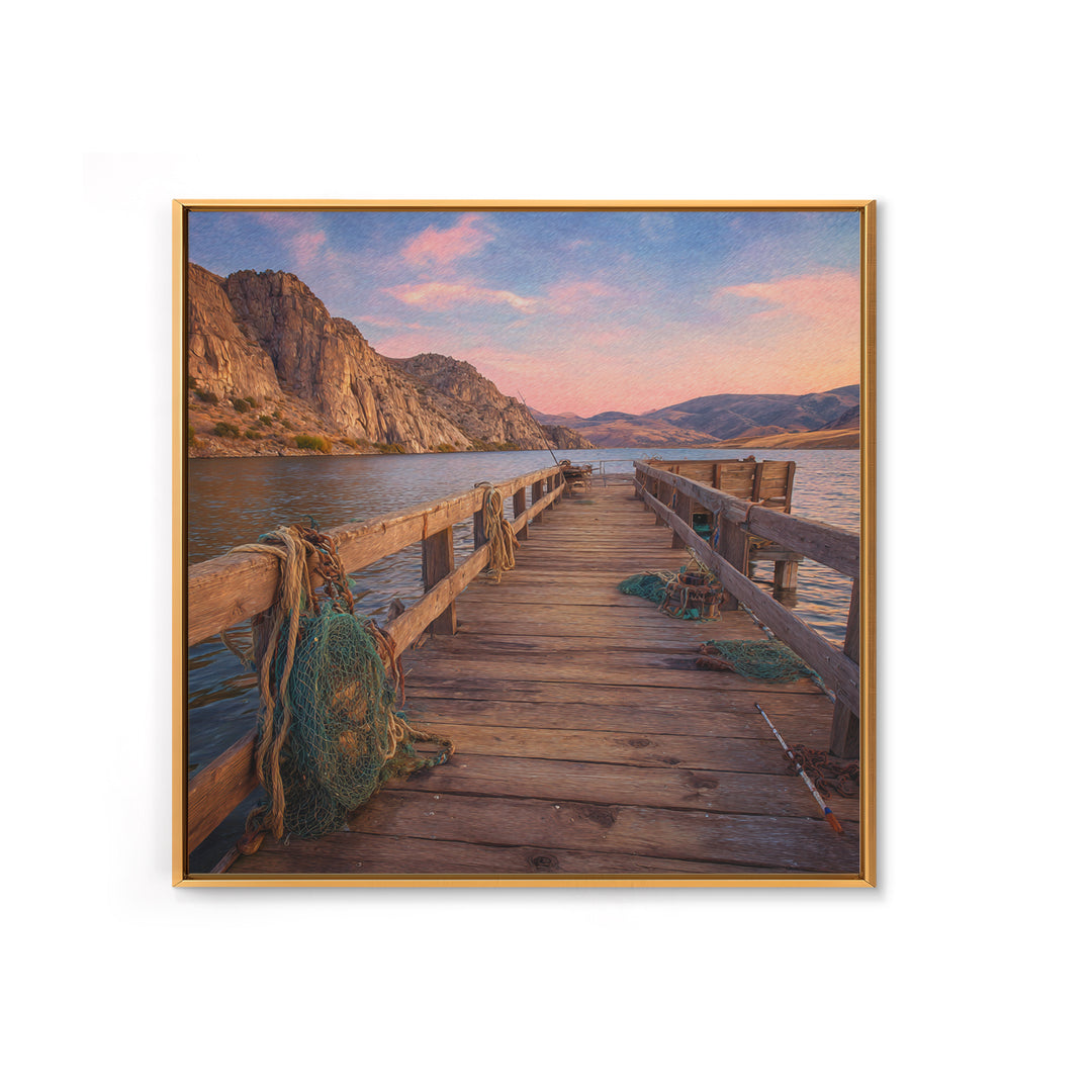 Rustic Fishing Pier At Sunset Canvas Print, Mountain Lake Landscape Wall Art, Cozy Cabin Decor For Lake House Or Living Room
