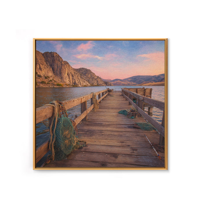 Rustic Fishing Pier At Sunset Canvas Print, Mountain Lake Landscape Wall Art, Cozy Cabin Decor For Lake House Or Living Room