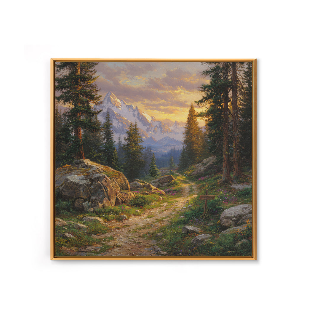 Mountain Forest Path At Sunset Wall Art, Tranquil Landscape Canvas Print For Rustic Cabin Or Living Room Home Decor