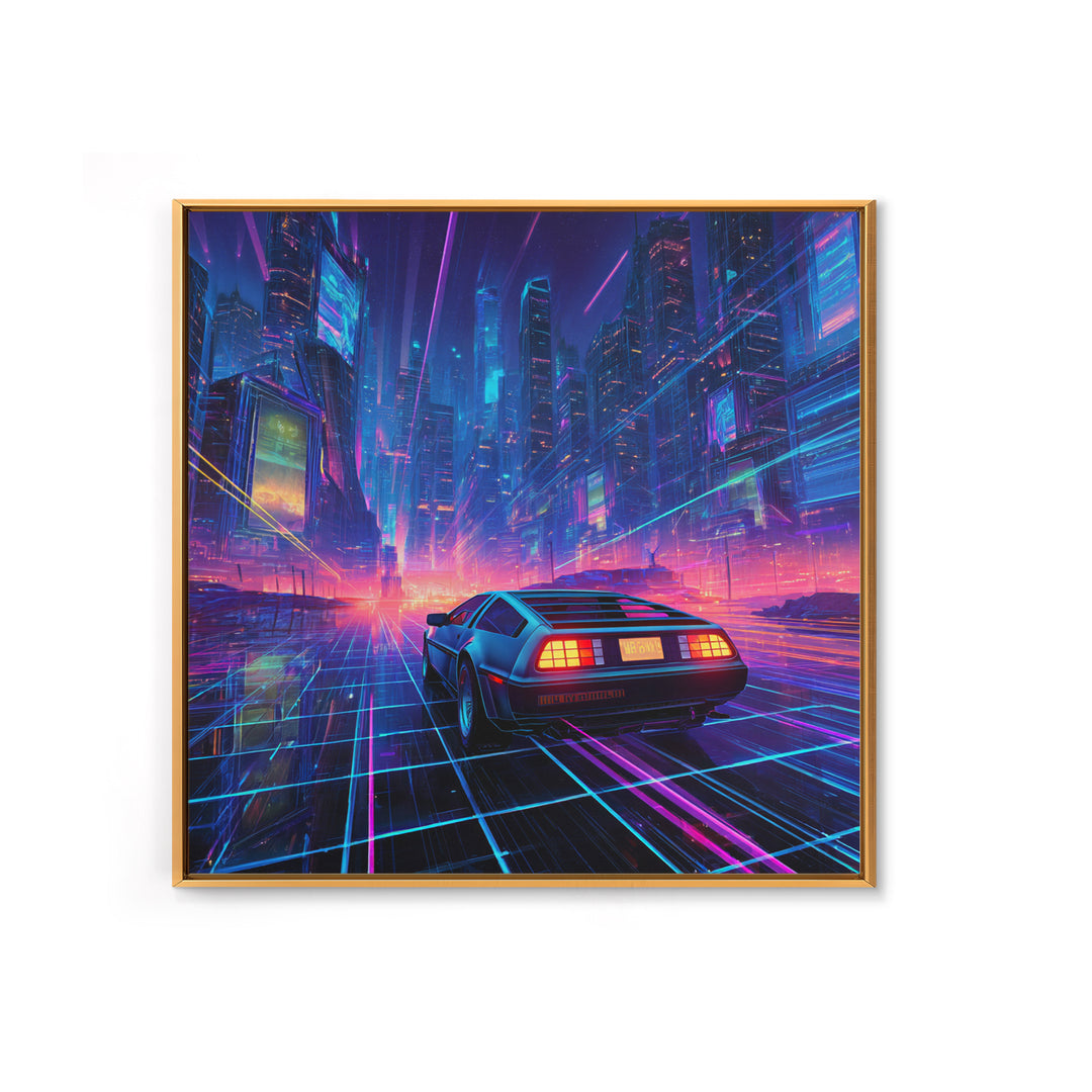 Retro Futuristic Car In Neon Cityscape Wall Art, Cyberpunk Sci Fi Canvas Print, Gaming Room Decor Modern Art