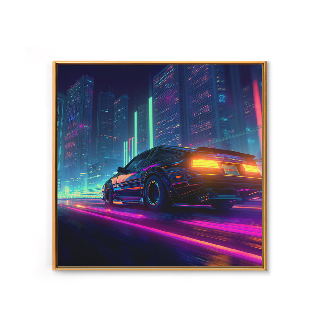 Neon Cyberpunk Sports Car Night Cityscape Wall Art Futuristic Sci Fi Urban Decor Gaming Room Canvas Print For Cool Office