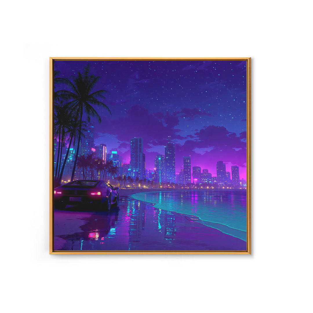 Neon Miami Night Cityscape Wall Art, Retro Futuristic Car On Beach, Cyberpunk Ocean Art, Gaming Room Decor Canvas Print