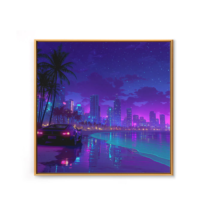 Neon Miami Night Cityscape Wall Art, Retro Futuristic Car On Beach, Cyberpunk Ocean Art, Gaming Room Decor Canvas Print