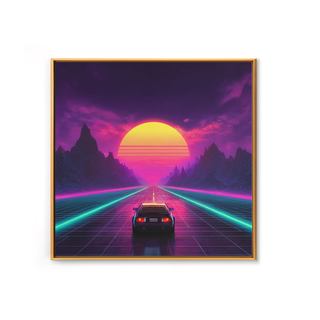 Retro Synthwave Sunset Highway Wall Art, Neon Car Landscape Canvas Print, Cyberpunk Futuristic Decor, Gaming Room Wall Art