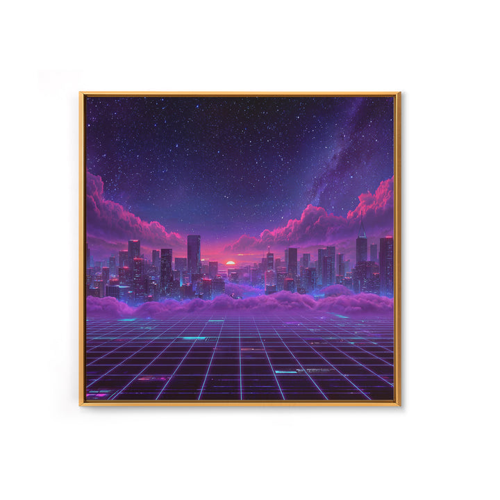 Neon Retro Futuristic Cityscape Wall Art, Vaporwave Sunset Skyline Canvas Print, Cyberpunk Room Decor, Gaming Office Artwork