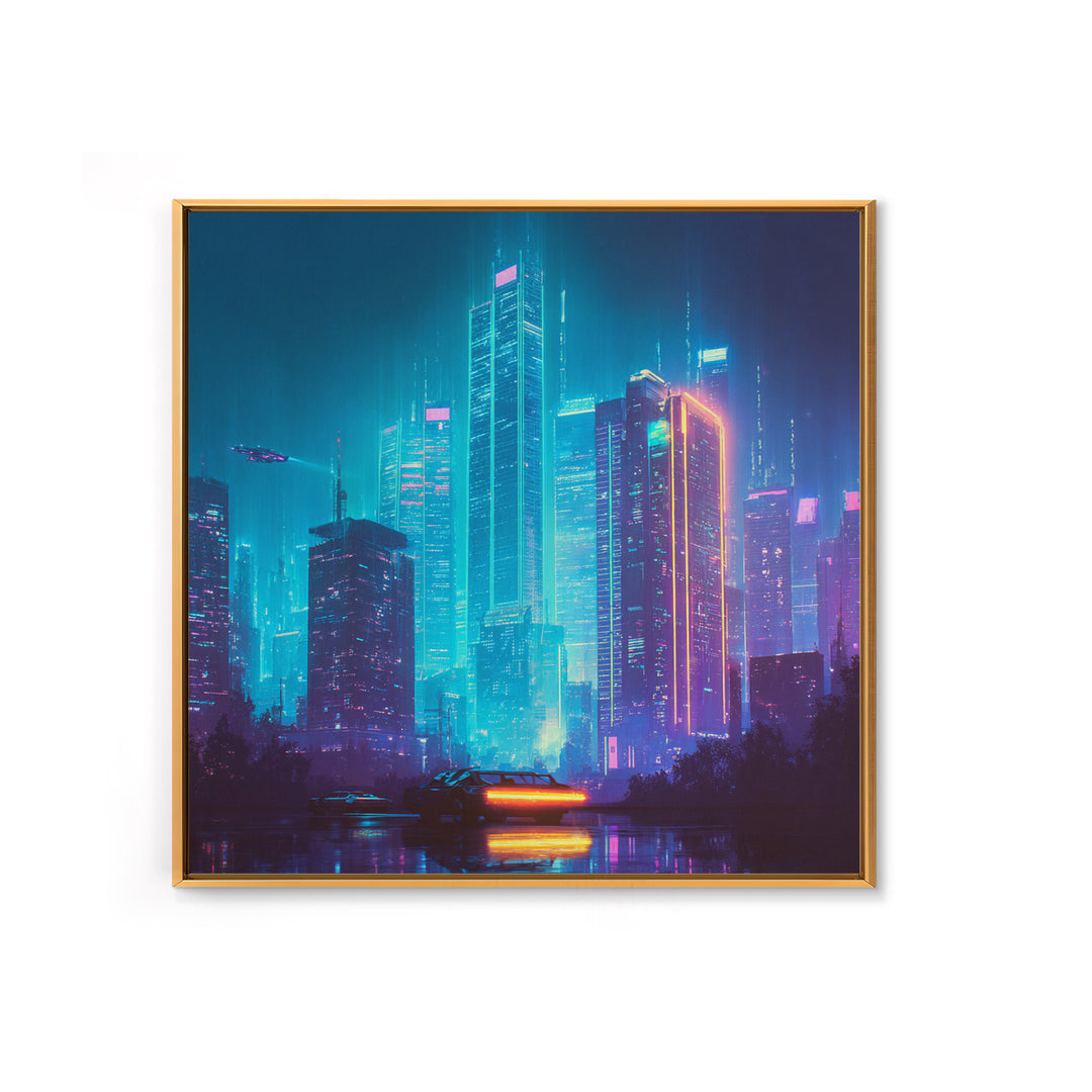 Cyberpunk Neon Cityscape At Night Wall Art, Futuristic Skyline Canvas Print, Retro Wave Room Decor, Gaming Home Decor