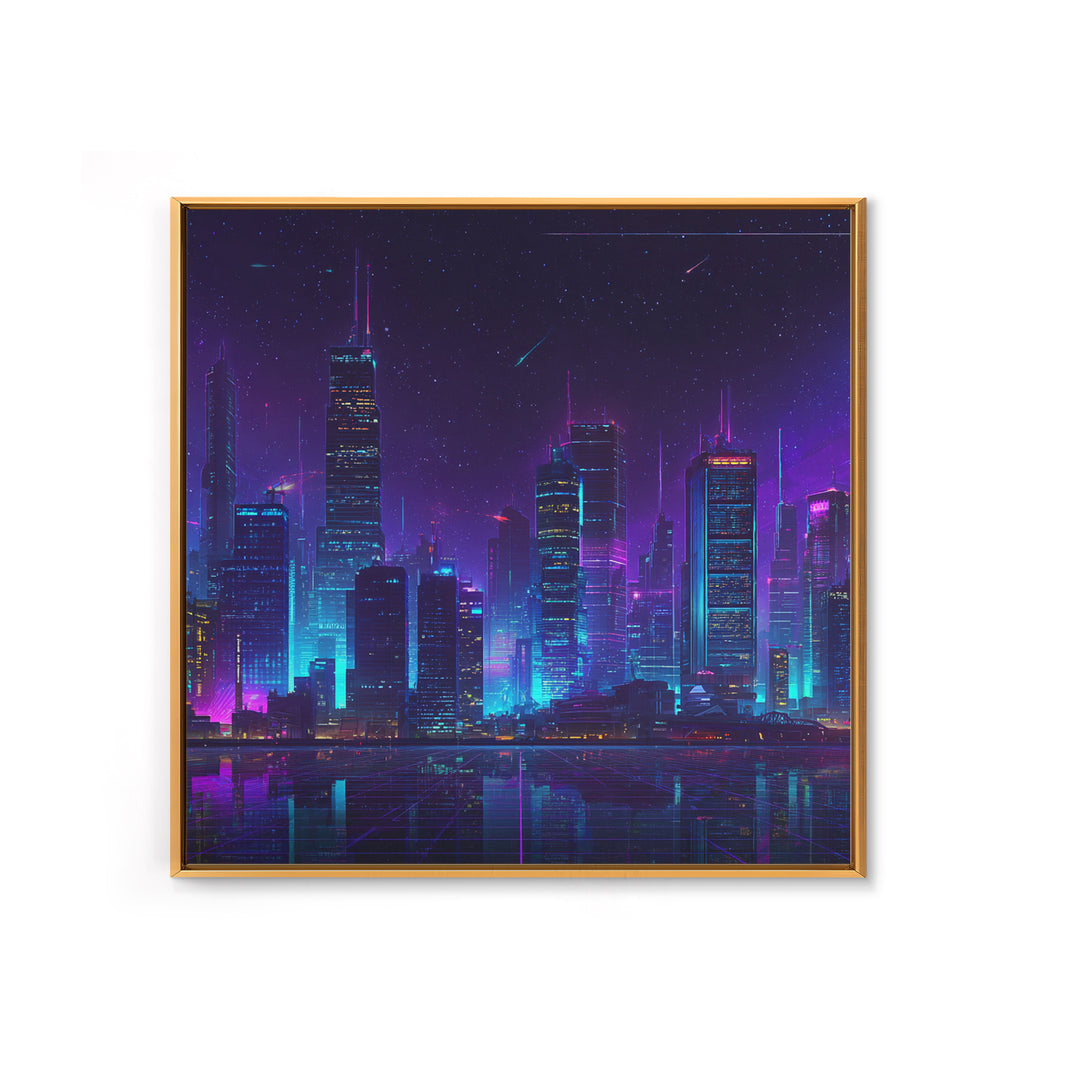 Neon Cyberpunk City Skyline Wall Art, Futuristic Nightscape Canvas Print, Sci Fi Gaming Room Decor, Vaporwave Wall Art