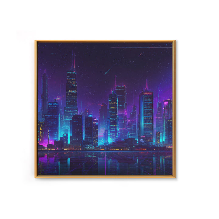 Neon Cyberpunk City Skyline Wall Art, Futuristic Nightscape Canvas Print, Sci Fi Gaming Room Decor, Vaporwave Wall Art