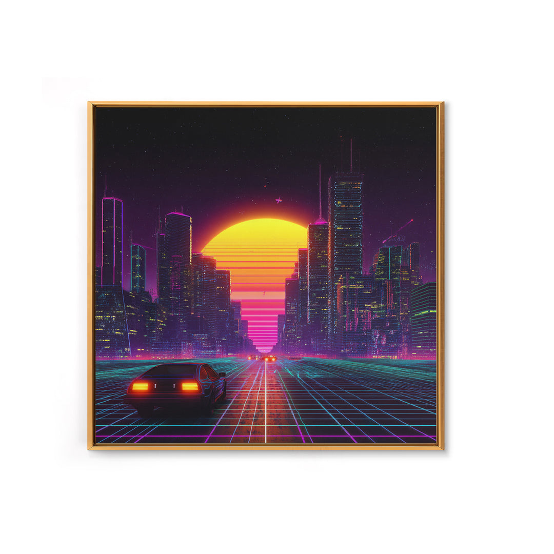 Retro Futuristic City Neon Sunset Car Driving 80s Vaporwave Wall Art Canvas Print Cyberpunk Decor Gaming Room Wall Art