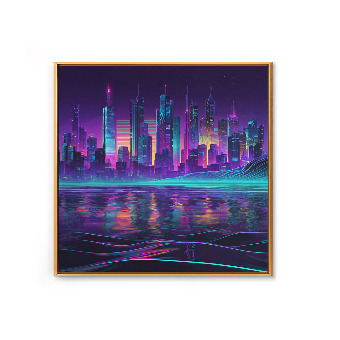 Neon Futuristic City Skyline At Night Wall Art Cyberpunk Landscape Canvas Print Modern Urban Home Decor Gaming Room Artwork