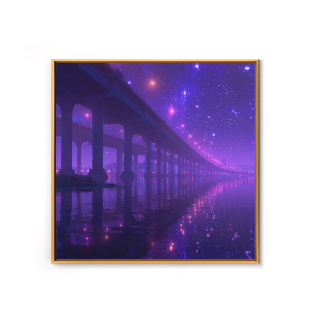 Neon Bridge At Night Over Water Wall Art, Dreamy Purple Cityscape Print, Modern Coastal Home Decor Canvas Print