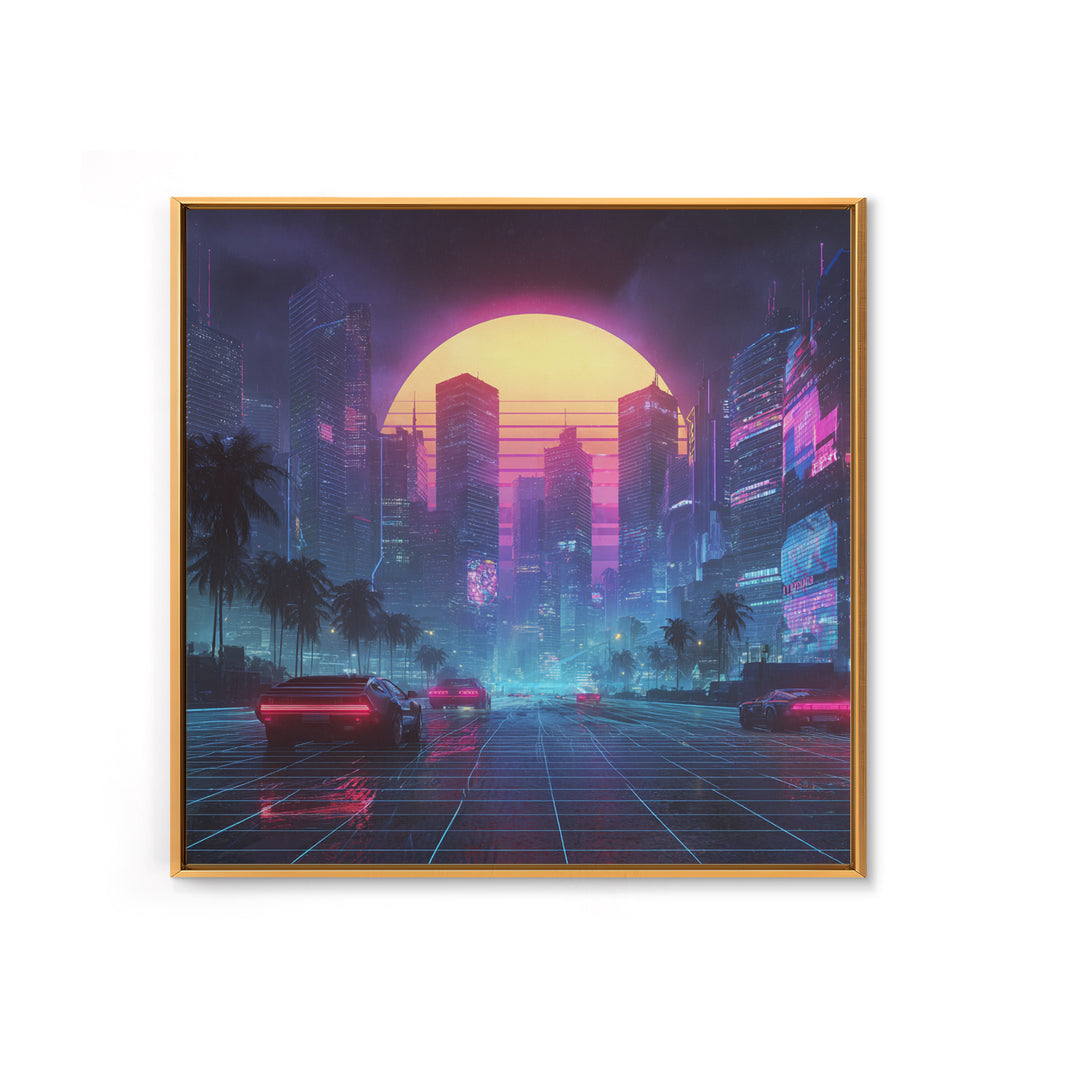 Neon Cyberpunk Cityscape With Retro Cars Wall Art Canvas Print, Futuristic Sci Fi Gaming Room Decor Modern Urban Art