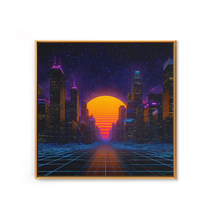 Neon City Sunset Retro Futuristic Wall Art, Cyberpunk Skyline Print, Synthwave Gaming Room Decor, Vibrant Sci Fi Living Room Wall Art