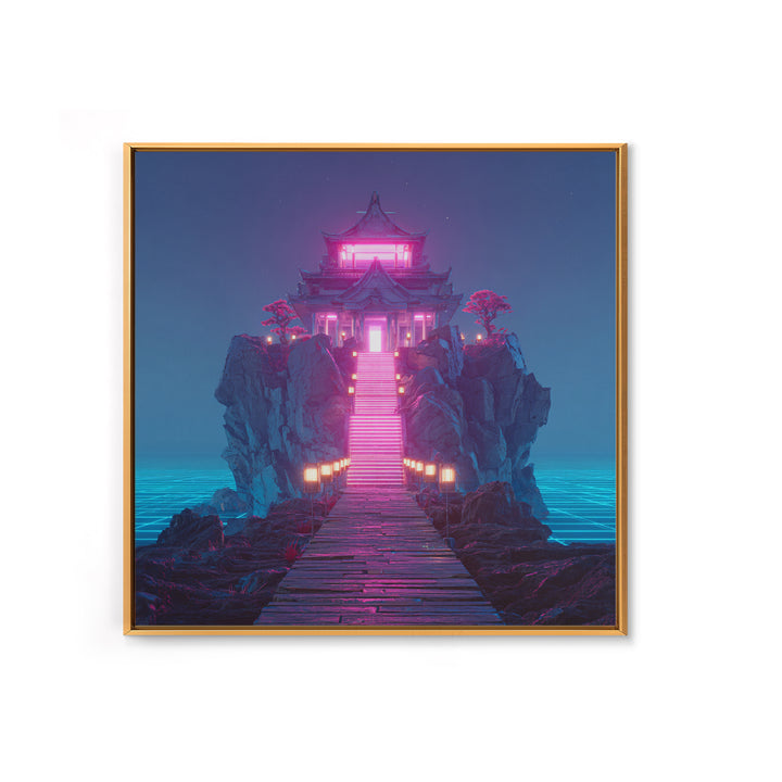 Neon Temple On Ocean Cliff Wall Art, Futuristic Fantasy Landscape Print, Surreal Zen Decor, Modern Home Decor Canvas Print