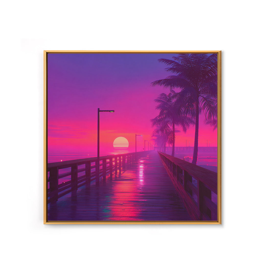 Neon Pier At Sunset With Palm Trees Wall Art, Vibrant Coastal Landscape Print, Retro Beach Home Decor Canvas Print