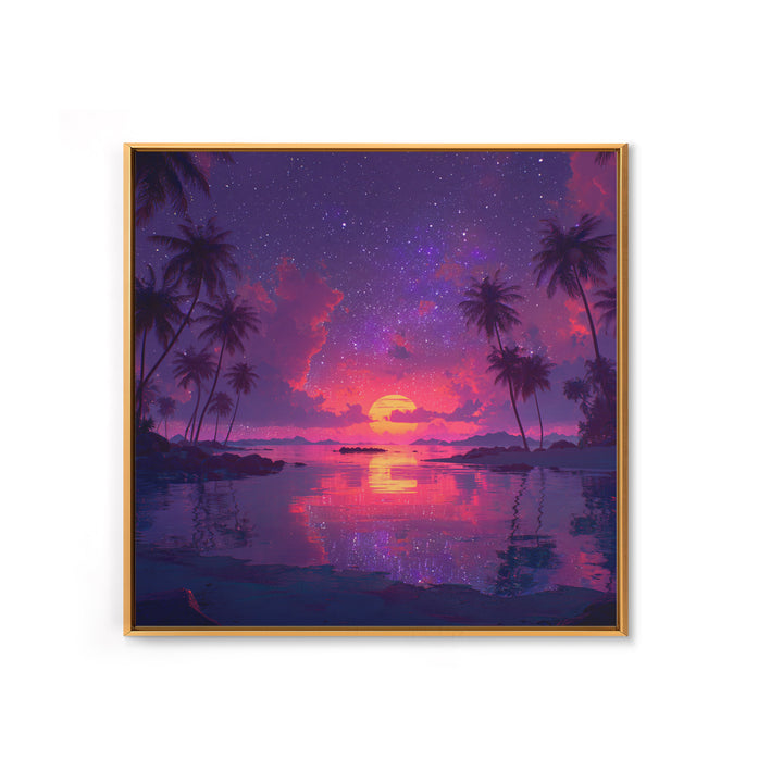 Starlit Tropical Lagoon Sunset Wall Art, Dreamy Pink Purple Coastal Landscape, Romantic Beach Canvas Print For Bedroom