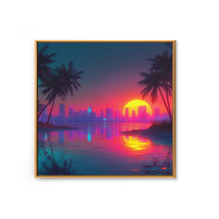 Retro Neon Beach Sunset City Skyline Wall Art Vaporwave Aesthetic Canvas Print Modern Coastal Wall Art Decor