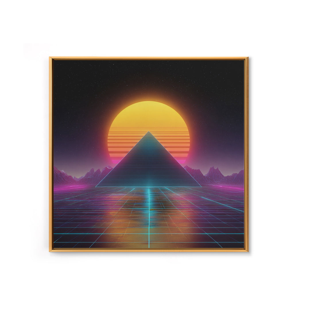 Retro Futuristic Pyramid Neon Sunset Landscape Wall Art Vaporwave Synthwave Painting Gaming Room Decor Canvas Print