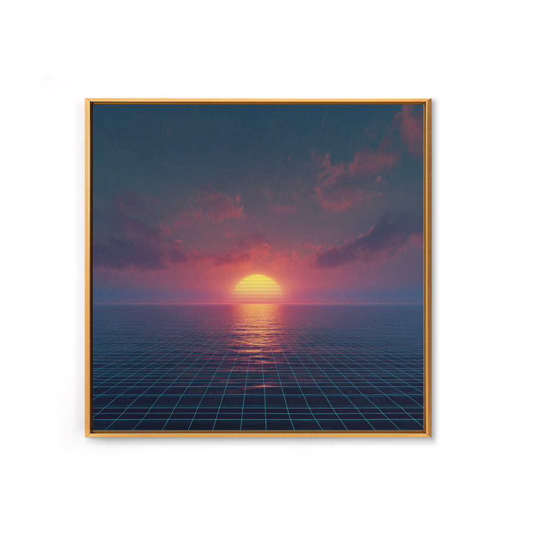 Neon Ocean Horizon Sunset Canvas Print, Retro Grid Seascape Wall Art, Futuristic Coastal Decor, Synthwave Bedroom Or Gaming Room Art