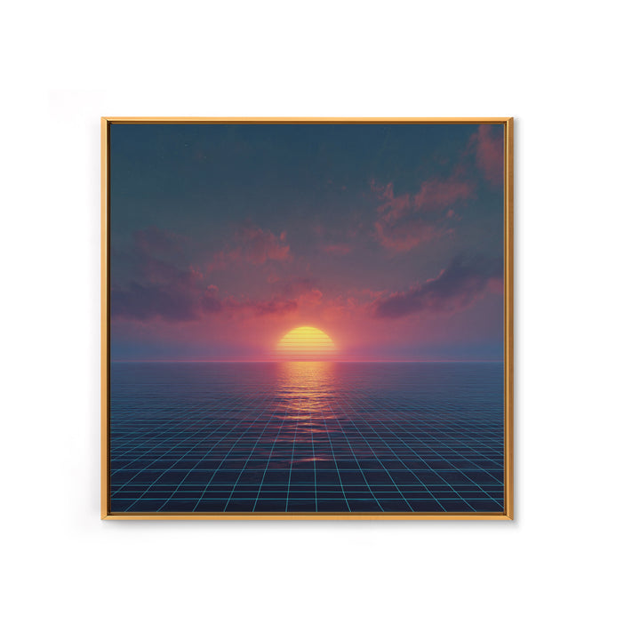 Neon Ocean Horizon Sunset Canvas Print, Retro Grid Seascape Wall Art, Futuristic Coastal Decor, Synthwave Bedroom Or Gaming Room Art