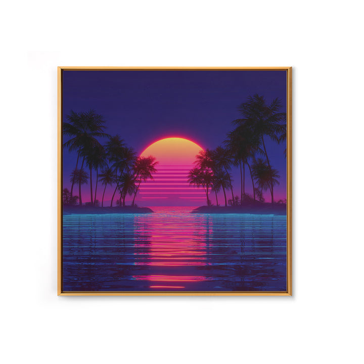 Retro Neon Island Sunset Wall Art, Synthwave Palm Tree Canvas Print, Vaporwave City Beach Decor, Futuristic Coastal Art