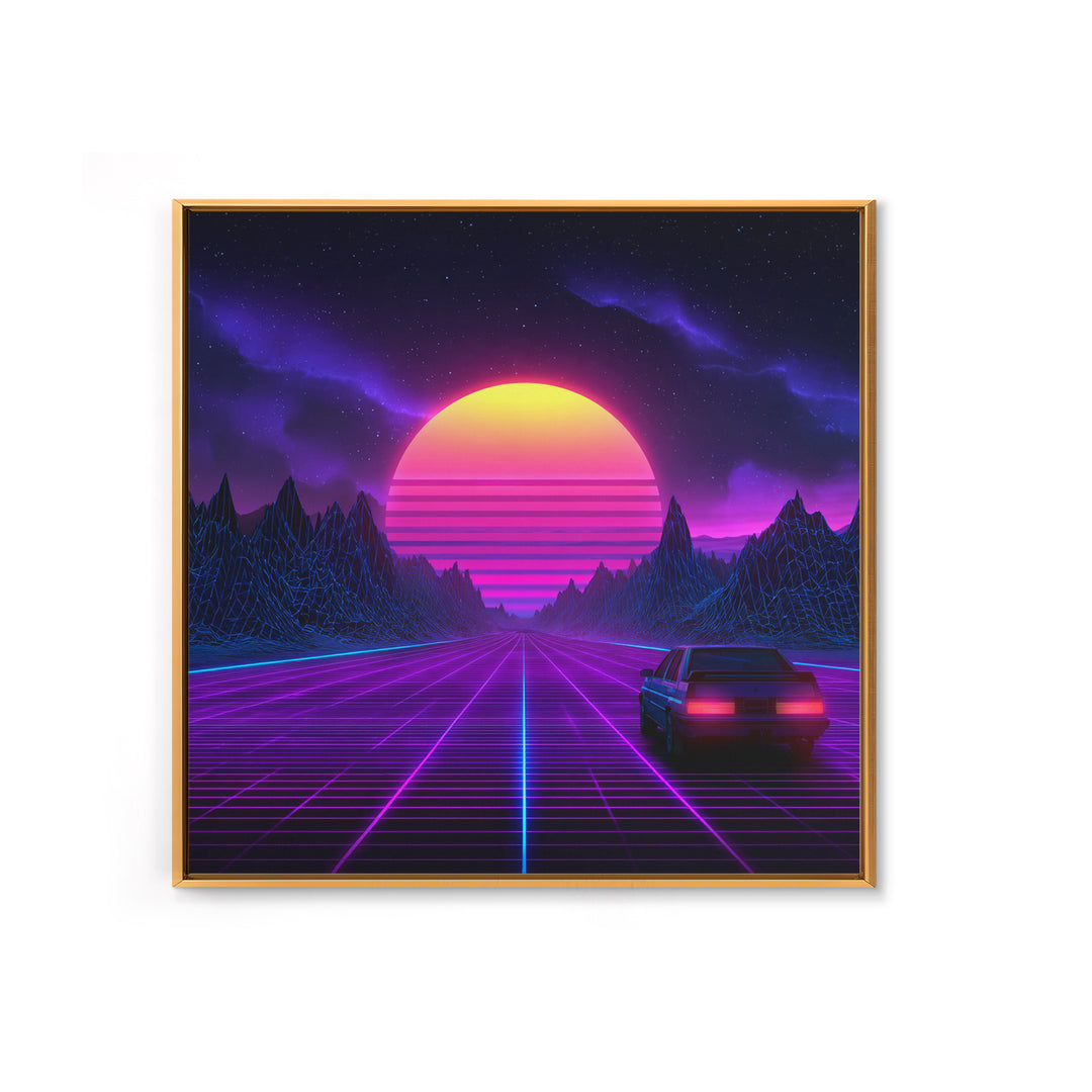 Neon Retro Highway Vaporwave Landscape Wall Art Canvas Print, Futuristic Sci Fi Gaming Room Decor Modern Abstract Art