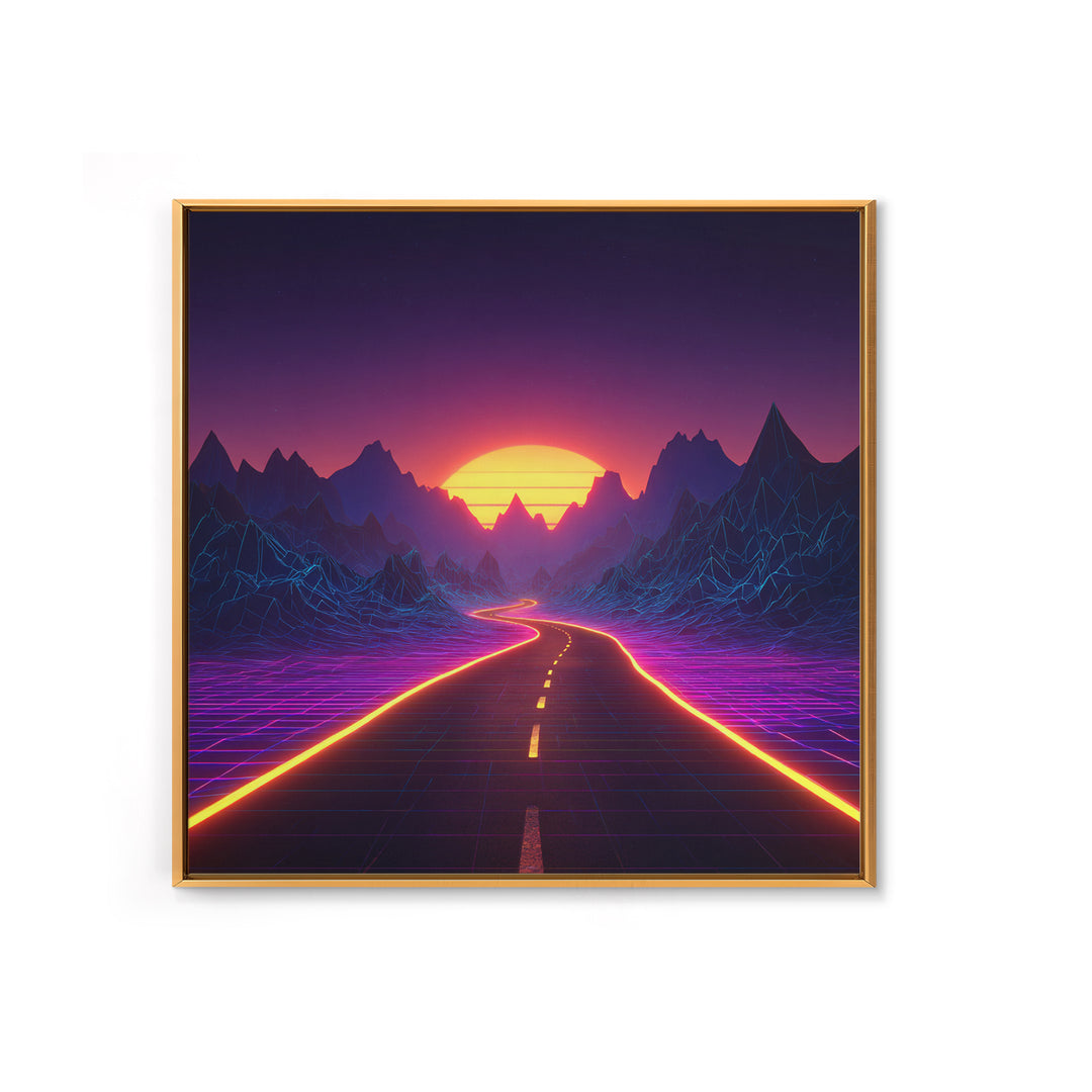 Retro Futuristic Neon Road Wall Art, Synthwave Landscape Poster, Gaming Room Decor, Vibrant 80s Style Canvas Print