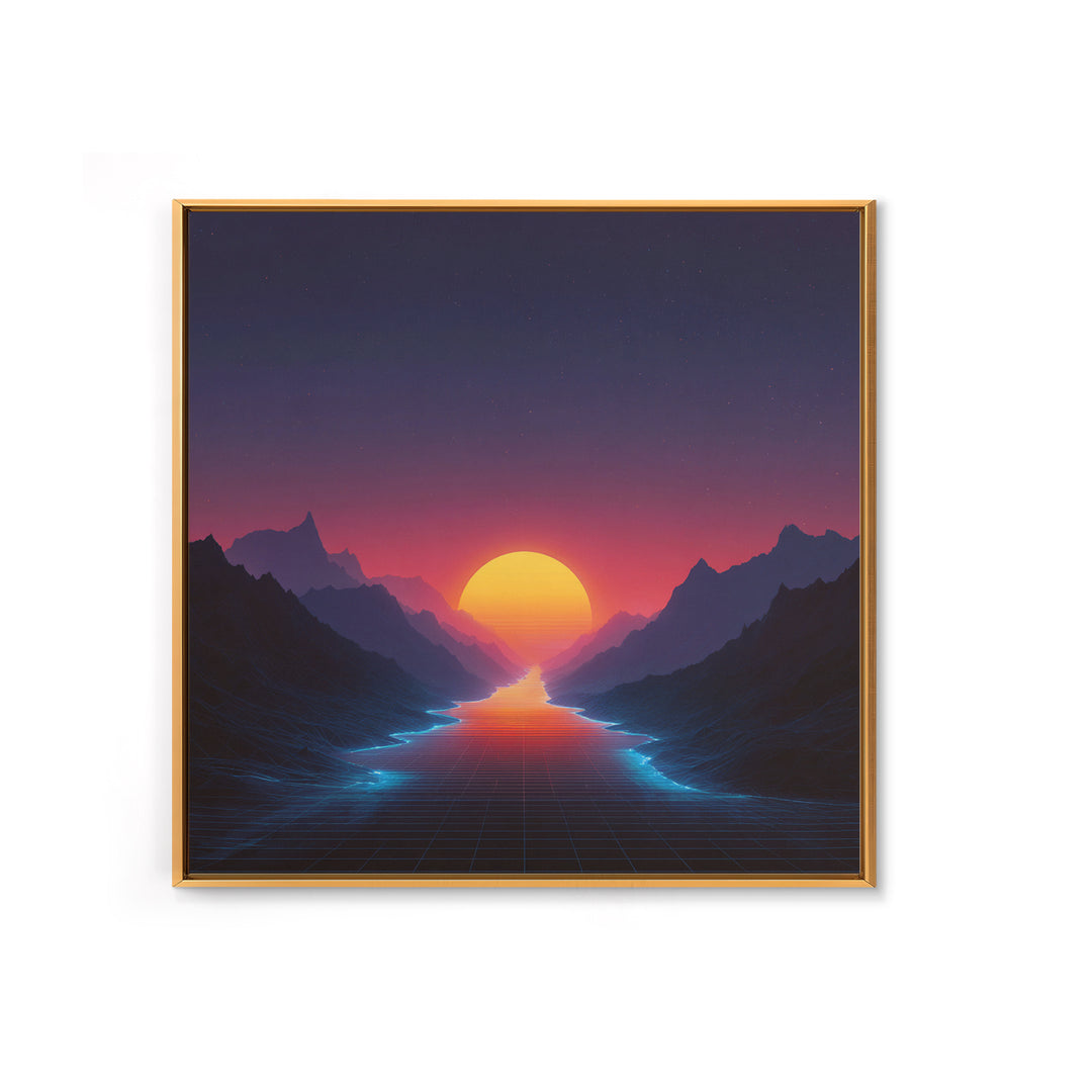 Retro Synthwave Sunset Over Neon River Wall Art, Futuristic 80s Vaporwave Landscape Canvas Print For Gaming Room