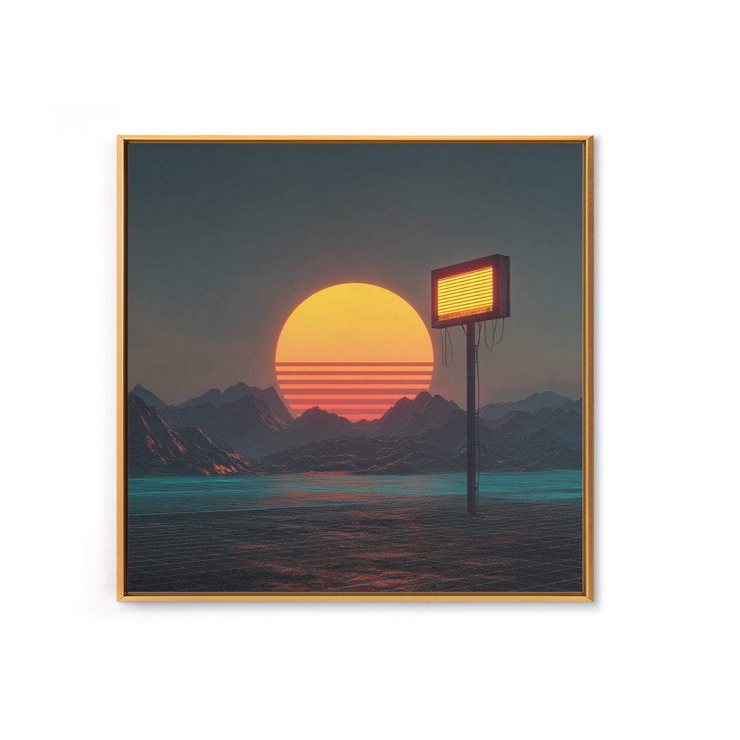 Futuristic Neon Sun Over Sci Fi Mountains Wall Art, Cyberpunk Landscape Home Decor, Retro Synthwave Canvas Print