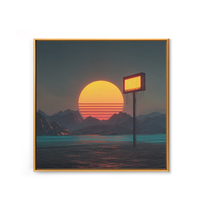 Futuristic Neon Sun Over Sci Fi Mountains Wall Art, Cyberpunk Landscape Home Decor, Retro Synthwave Canvas Print
