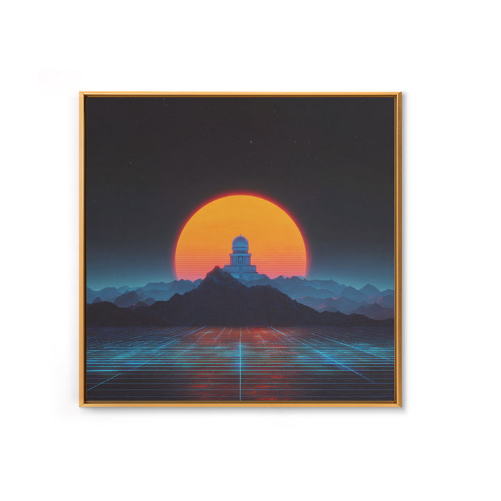 Sci Fi Observatory Sunset Landscape Wall Art, Retro Futuristic Mountains, Neon Synthwave Canvas Print Decor
