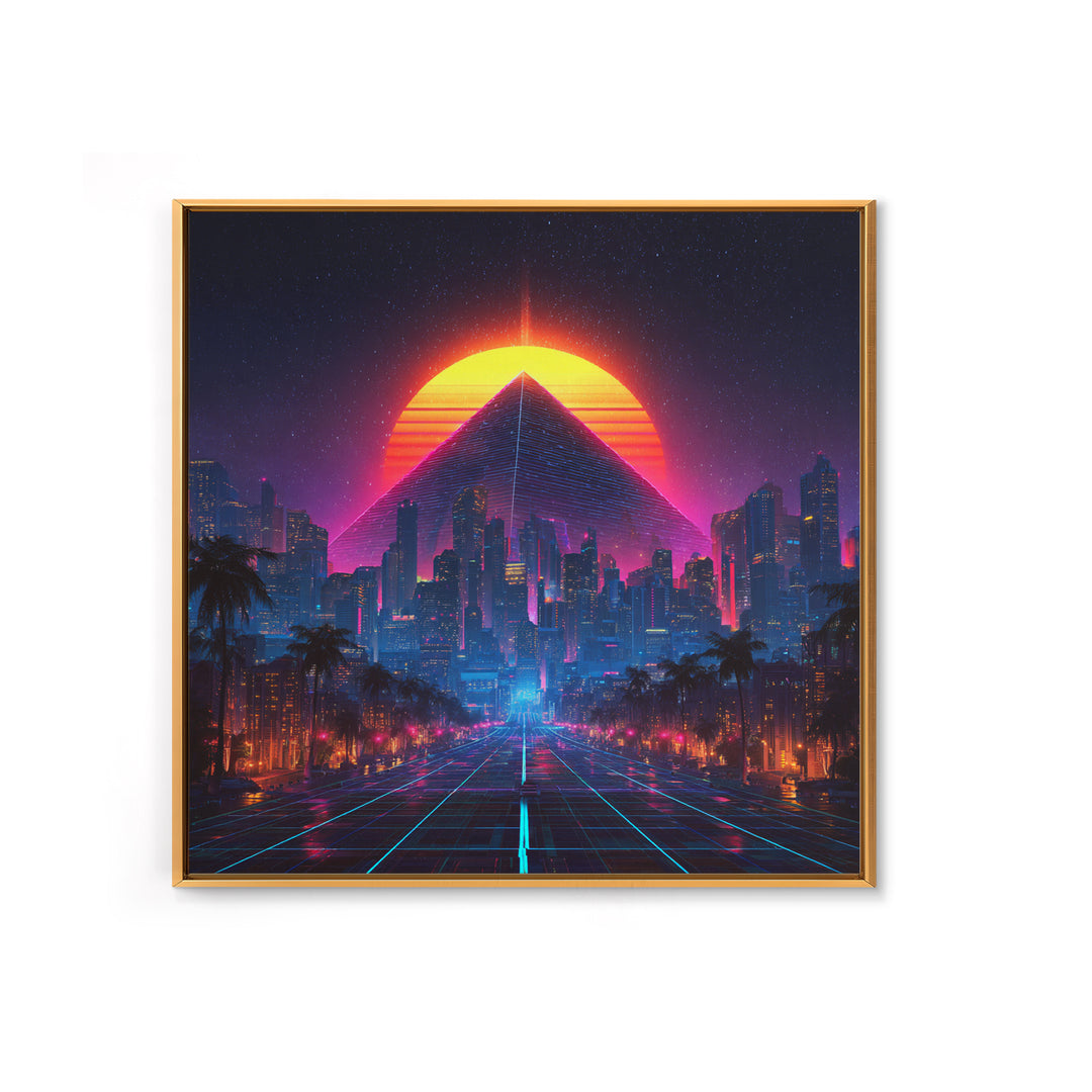 Retro Futuristic Neon City Pyramid Wall Art, Cyberpunk Sunset Canvas Print, Synthwave Gaming Room Decor, Sci Fi Art