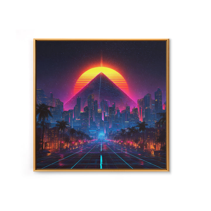 Retro Futuristic Neon City Pyramid Wall Art, Cyberpunk Sunset Canvas Print, Synthwave Gaming Room Decor, Sci Fi Art